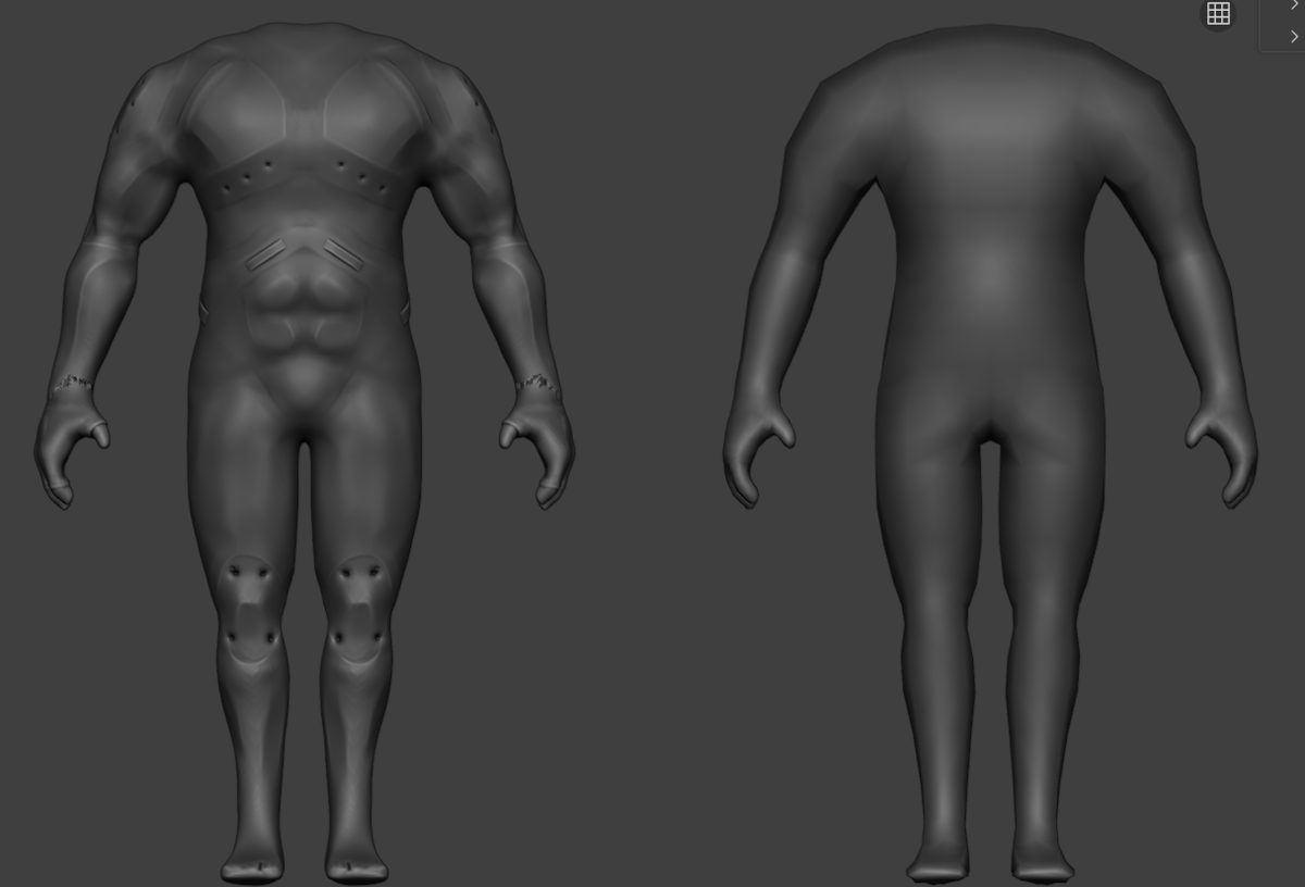 High-poly sculpt, front and back