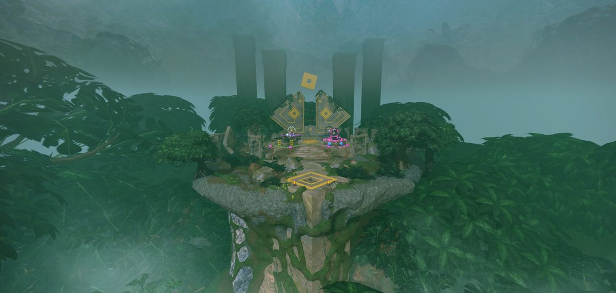 Floating island shrine above a misted jungle