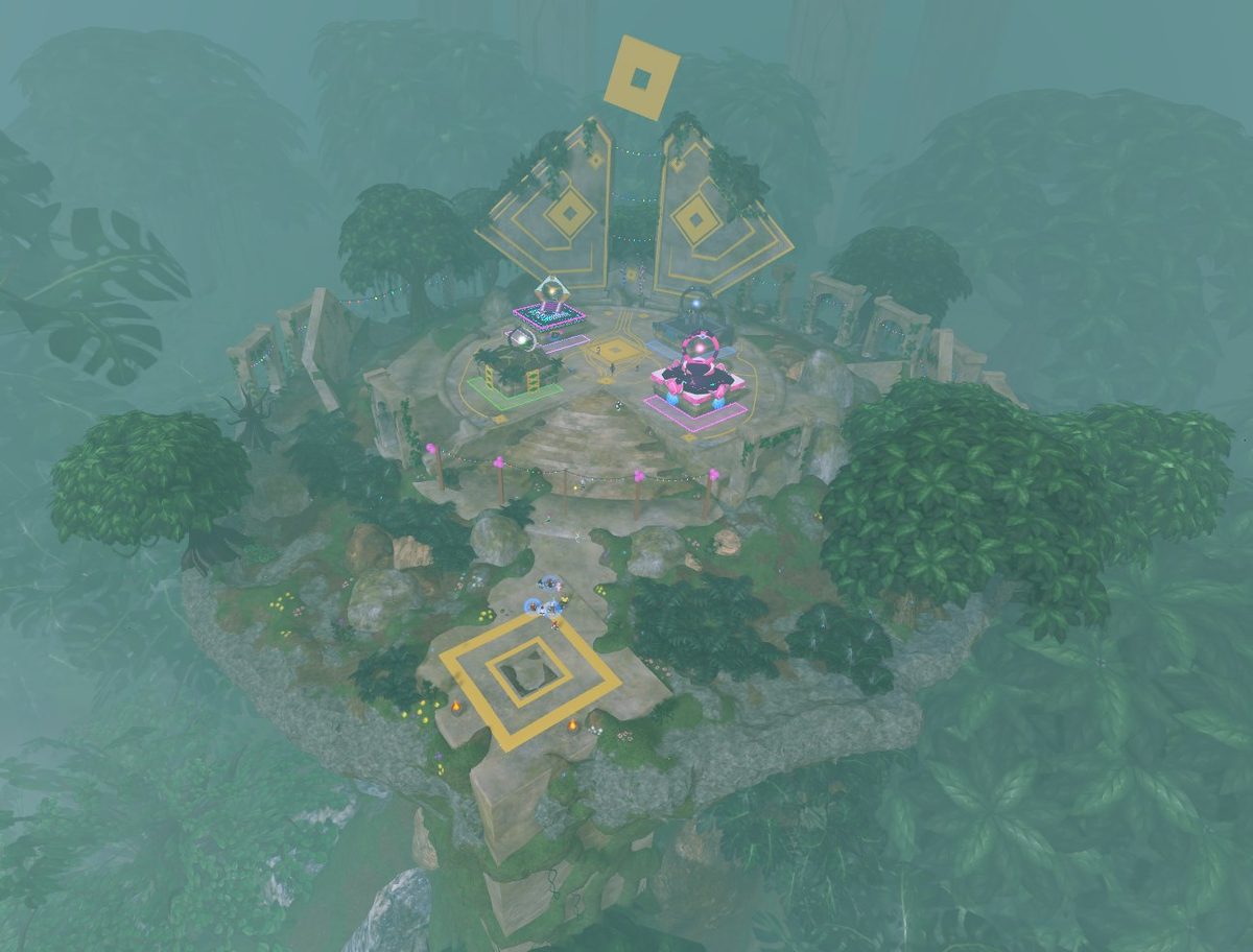 Event island with prize podiums and strung lights