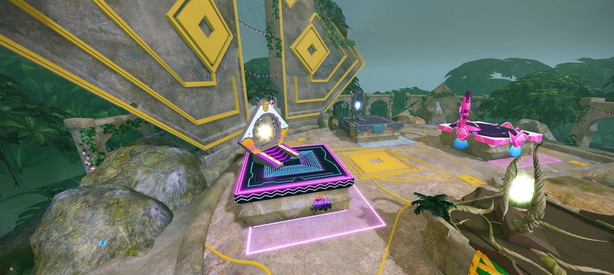 Neon prize platforms beside a golden gateway