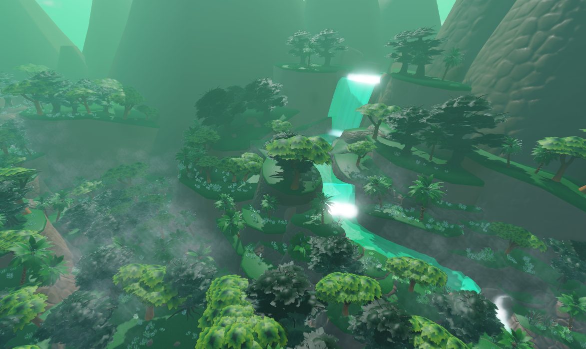 Waterfalls cascading through jungle terraces
