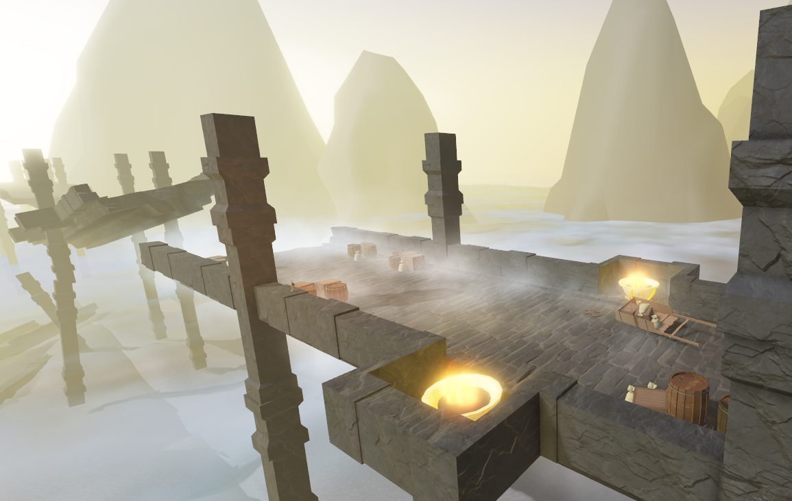Stone causeway and pillars above a sea of pale fog