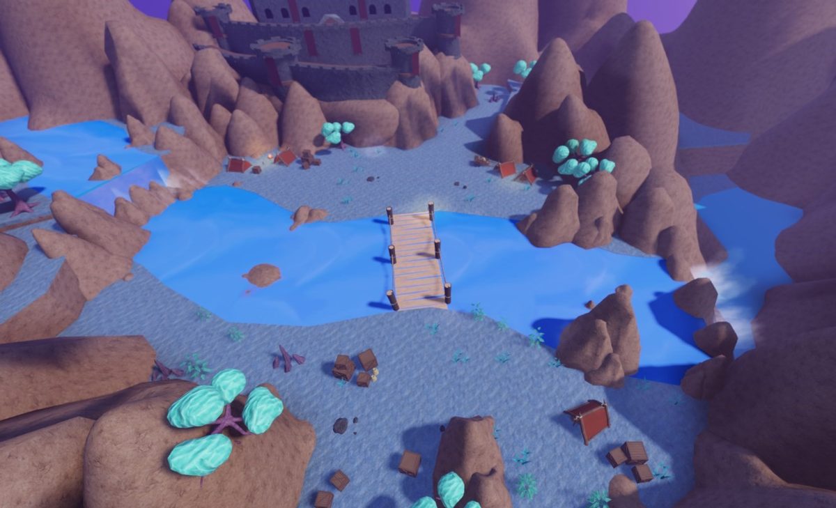 River crossing below a clifftop keep