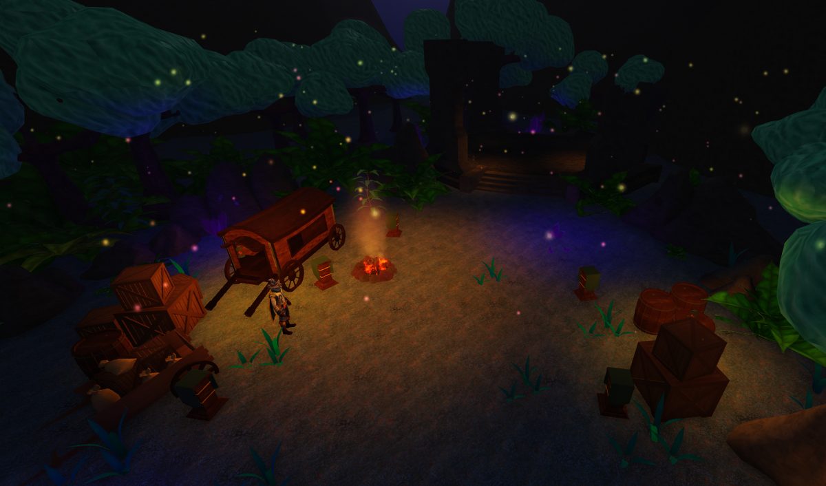 Wagon camp in a firefly-lit forest at night