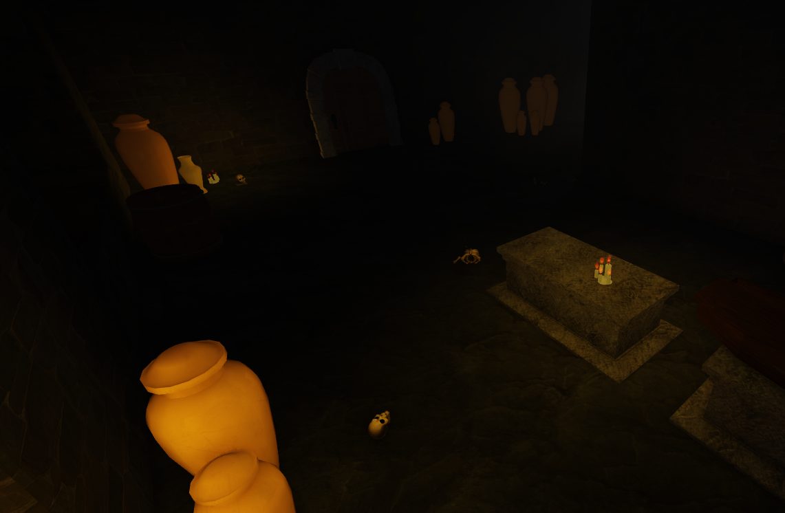 Tomb chamber lined with urns and a stone sarcophagus