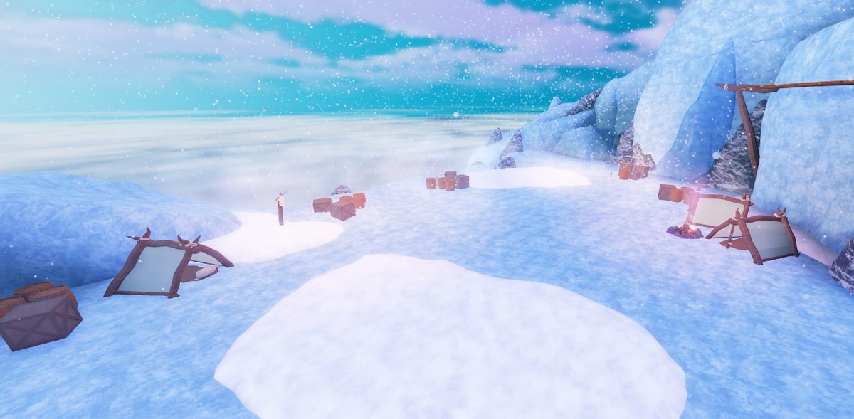 Snow plateau camp under a pale green sky