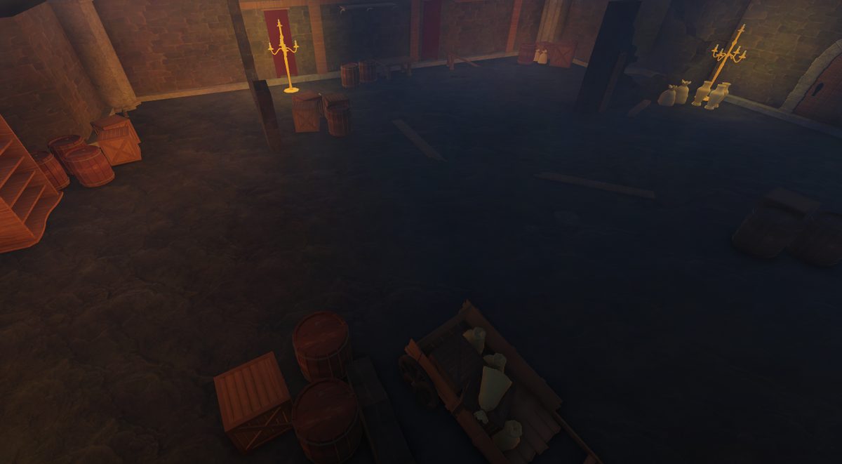 Dim storeroom with barrels and hanging banners