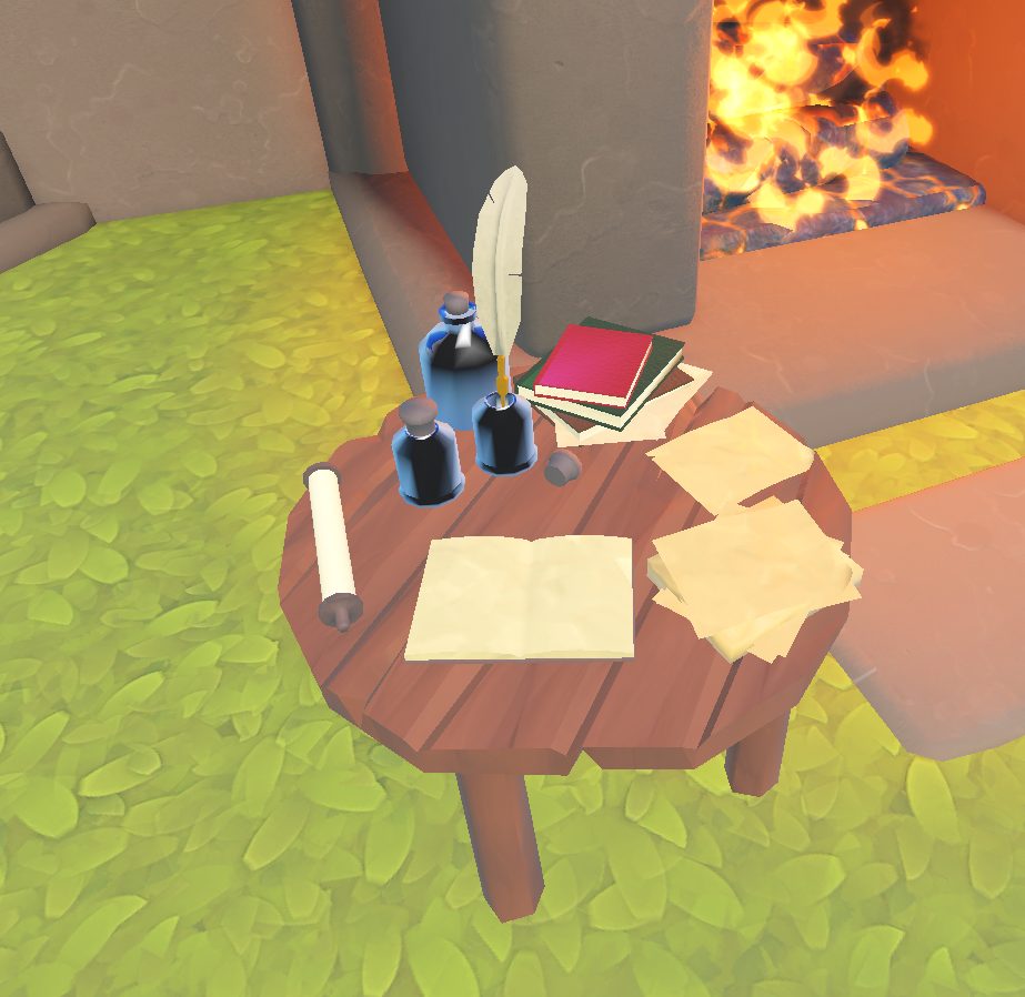 Writing desk beside a fireplace